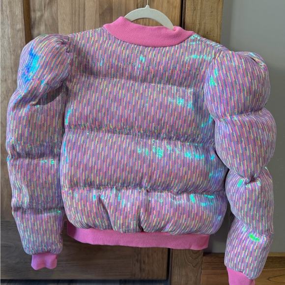 Queen of Sparkles Sequin Iridescent Rainbow Puffer Jacket - Picture 2 of 3